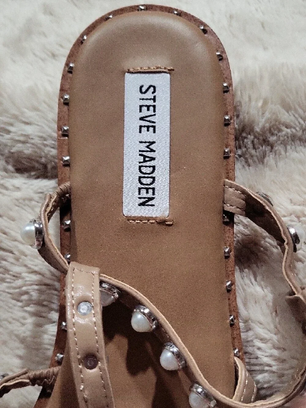 Steve Madden Pearl-Embellished Tan Strappy Sandals - Picture 2 of 3